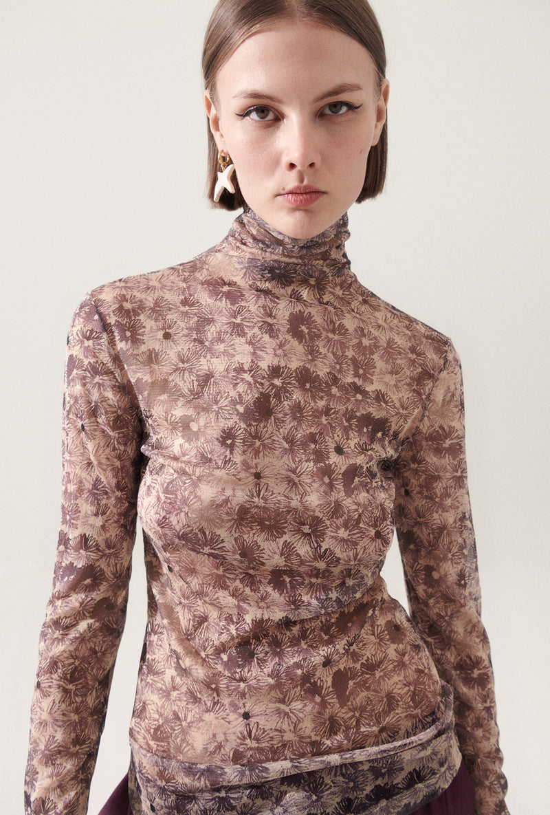 SILK MESH TURTLENECK ASTER FLORAL